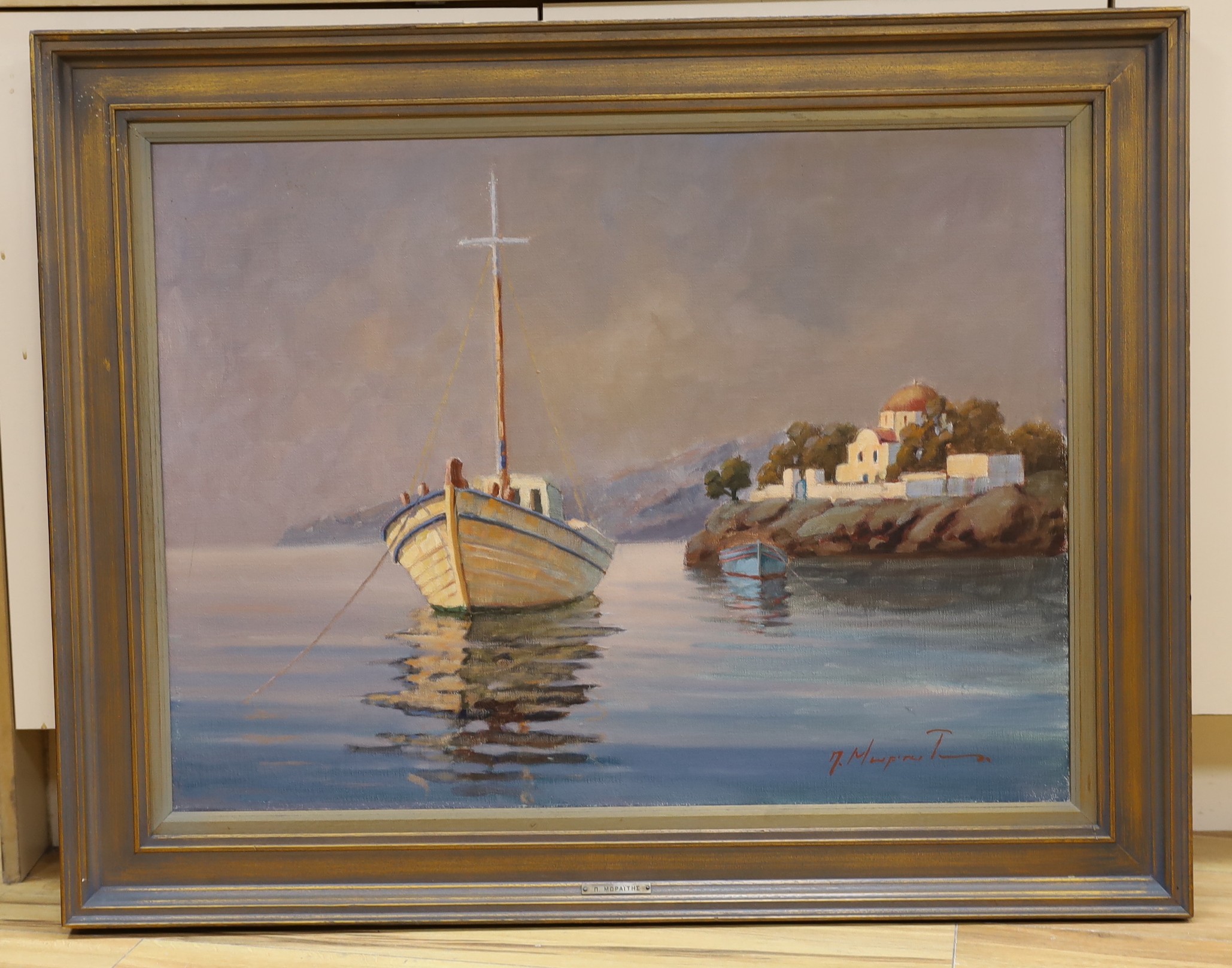 Takis Moraitis (Contemporary Greek), oil on canvas, Moored boat and Othodox Church, signed, 60 x 80cm